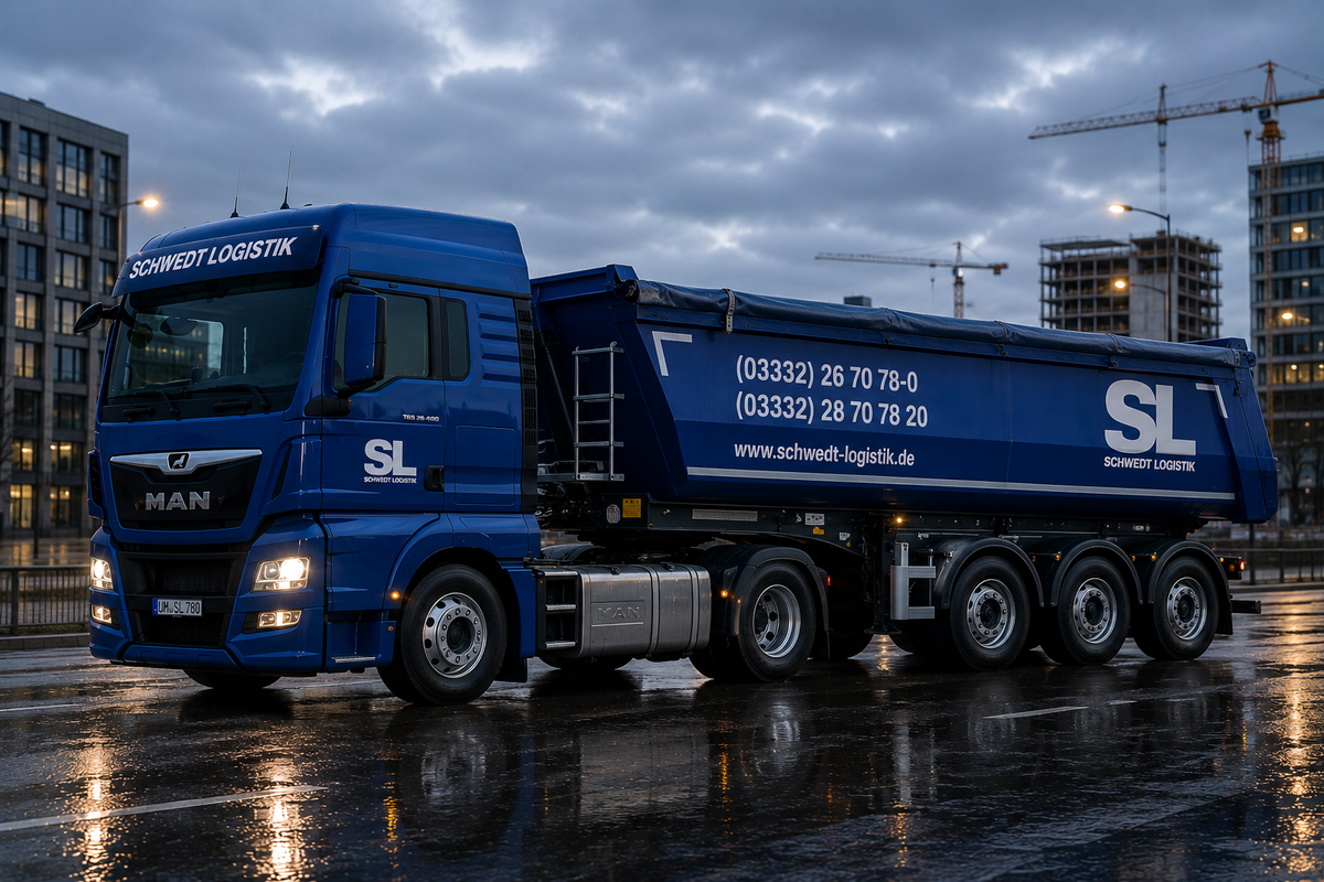Moderner MAN-Kippauflieger von Schwedt Logistik für Schüttgut- und Baustofftransporte